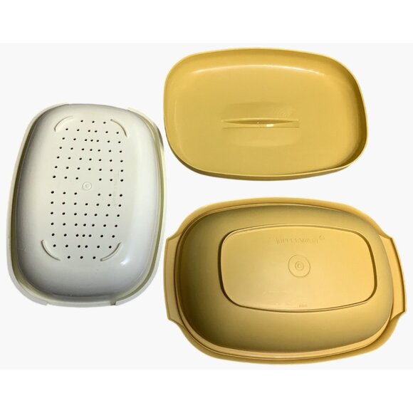 2 Vintage Tupperware Gold Microwave Steamer 3-Piece Sets #1274 - Picture 4 of 8